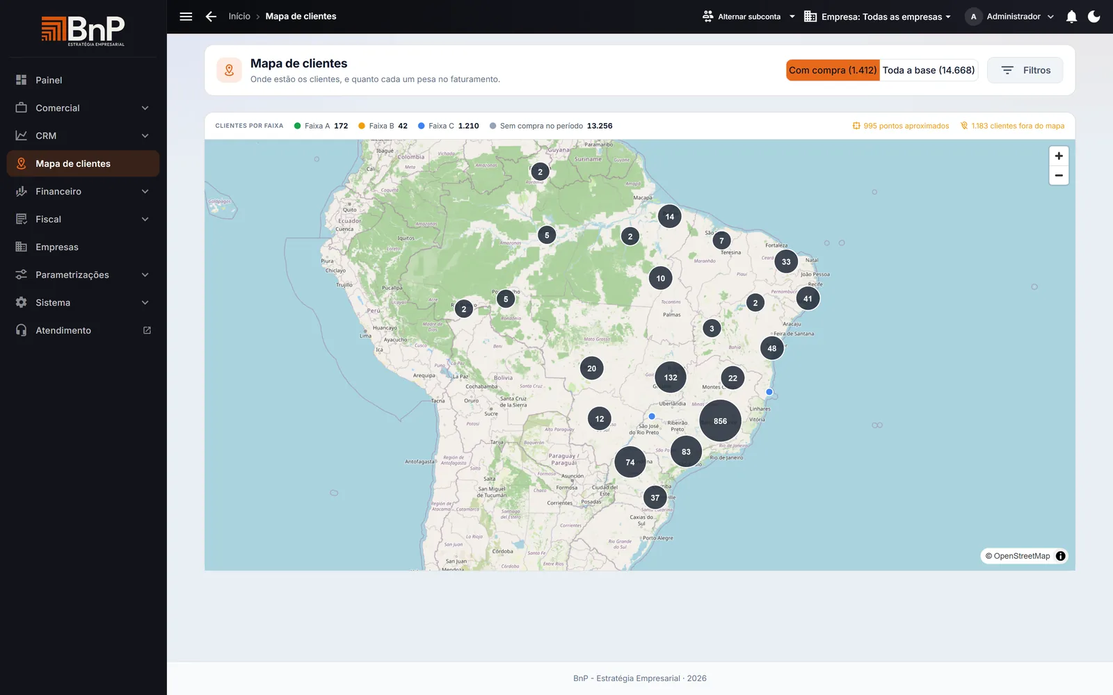 Mapa de clientes do CEO ON LINE mostrando a carteira distribuída pelo Brasil, com agrupamentos numéricos por região e a legenda de clientes por faixa A, B e C.